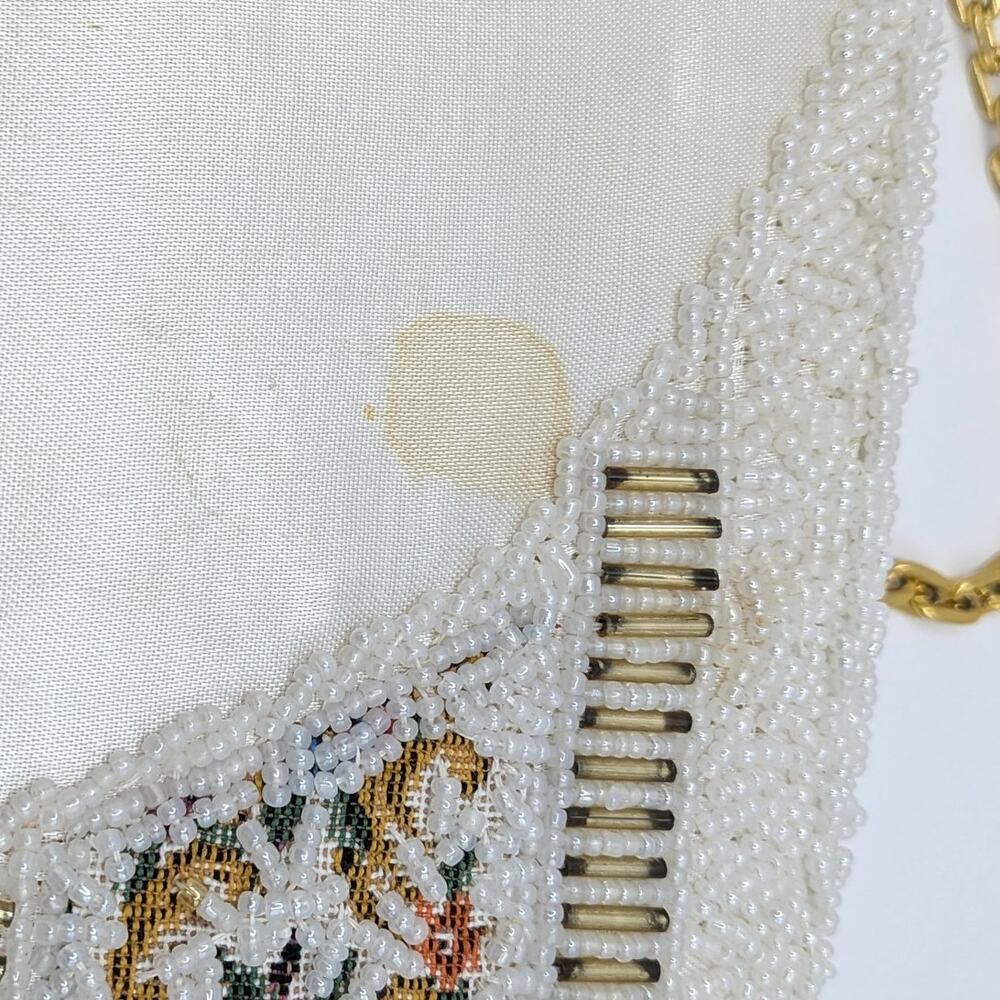 Vintage Tapestry Floral White Beaded Purse Shoulder Bag Adjustable Chain Strap - Picture 6 of 12